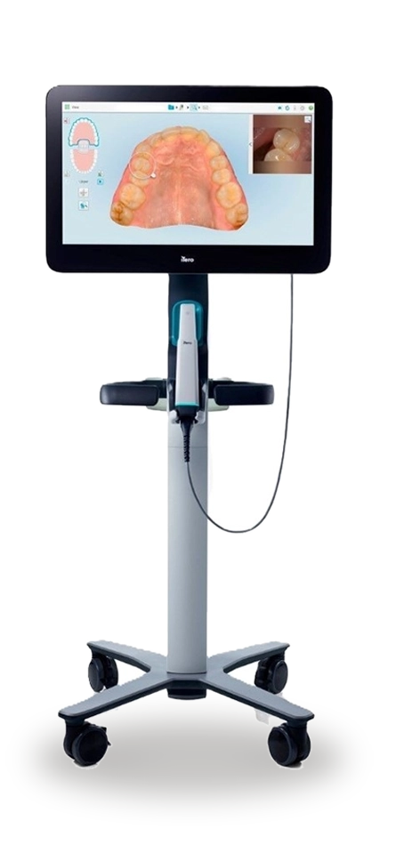 iTero Lumina scanner: a touch screen on a rolling stand, with the scanning wand in its holder.