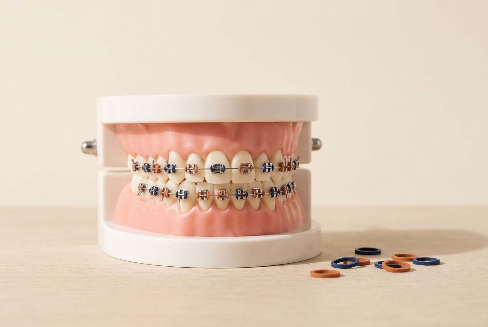 A teeth model with metal braces and navy and orange ties, with a few loose ties beside it.